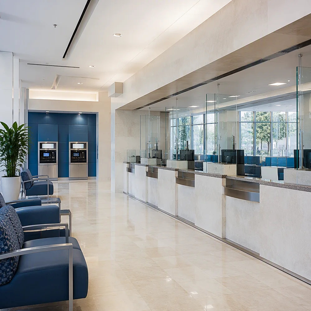 Empty bank branch with teller counters and ATMs