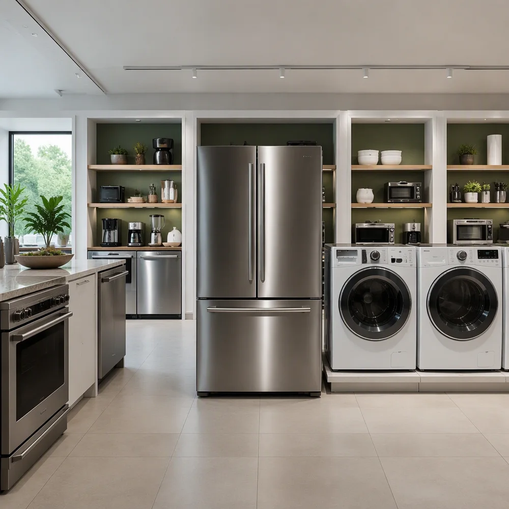 Appliance showroom with refrigerators and washing machines